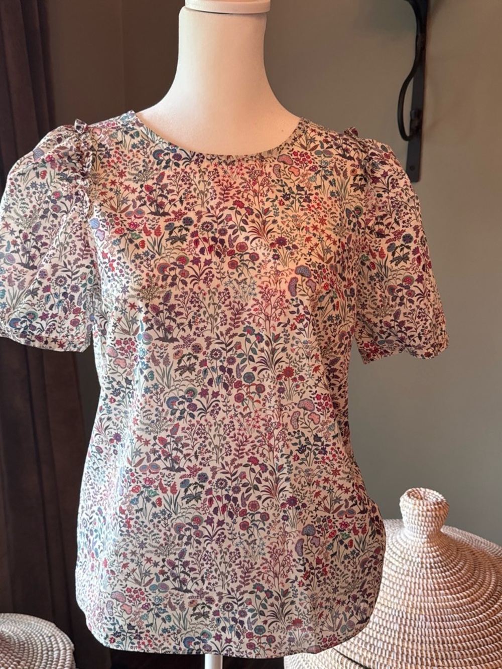 J. Crew Cream Floral Short-Sleeve Blouse with Multi-Color Print